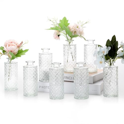 Mozvvco Set von 8 kleinen Glasvasen, Höhe von 13 cm. Kleine Vasenfür die Tischdekoration bei Hochzeiten. Mini Glasvasen, Blumenvasen, kleine Vasen zur Dekoration von Hochzeiten, Partys und zu Hause