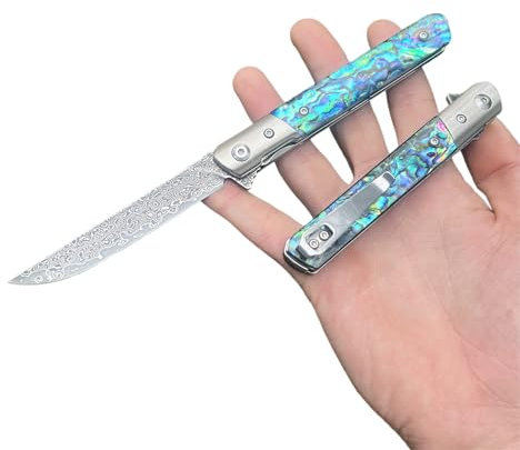 Obespina Couteau Pliant Poche Damas luxe Noir Acier Damas 67 Couches VG10 Collection Abalone lame Tranchant Manche Nacre Cadeau Homme edc LinerLock Forgé Damascus EDC Camping Extérieur Clip