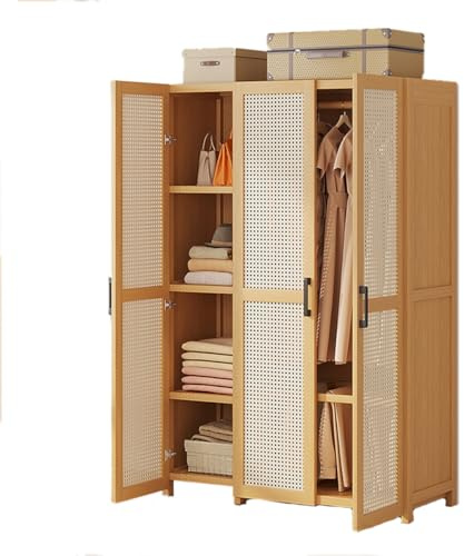 Dcbdx 2/3/4/5 Rattan Türiger Kleiderschrank Holz Garderobe Mehrzweckschrank mit Kleiderstange Einlegeboden Schrank Flurschrank,3 Door Trouser Rack