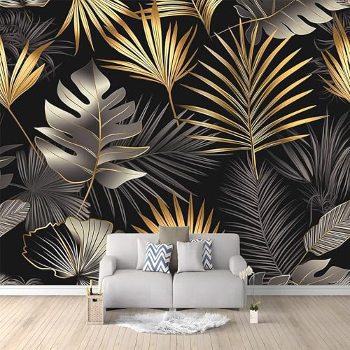 Papel Pintado Pared Panorámico 250 x 175 cm Papel pintado no tejido, Tamaño personalizado, Tropical oro negro hojas de palmera Papel Pintado 3D Vistoso Para Salón Dormitorio Decoración
