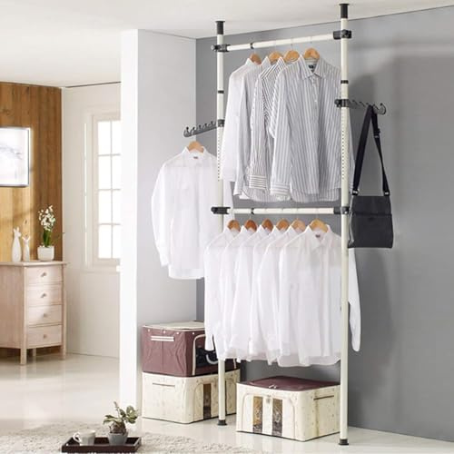 JF HOME BLISS Telescopic Clothes Rail Heavy Duty Clothes Rack Wardrobe Organizer Garment Rack Adjustable Height 281-329cm Width 153-274cm Extending Hanging Rail (2 Poles 2 Bars)