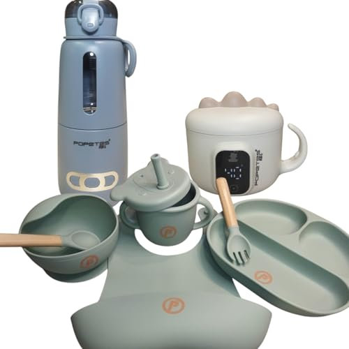 Popetes Kids – Kit de Alimentación infantil FOODY | Calienta biberones portátil + Calentador de alimentos inalámbrico + Vajilla de Silicona completa para Bebés (Azul)