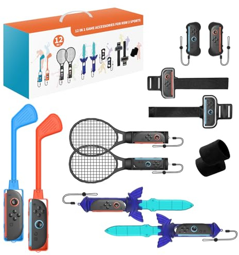 Shiptree 12-in-1 Sport Zubehör Set für Nintendo Switch 2 Controller (2026), Golf Schläger X2, Tennisschläger X2, Delikat Schwert X2, Armbänder X2, Beinschlaufe X2, Griffe X2