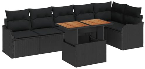 vidaXL 7-delat Trädgårdsoff set med Kuddar Svart Poly Rattan Utomhussittplatser för 6 Justerbara Ben och Handvävd Design Inkluderar Kaffebord Möbler Modulär Patio Stol Sektionssoffa