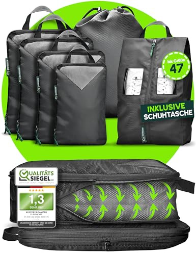 puremore® Premium Packing Cubes Compression inkl. Schuhtasche I maximaler Platz & Ordnung auf Reisen I Packwürfel Kompression I Kompression Packwürfel Rucksack & Koffer
