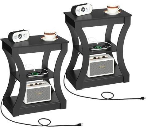 MAHANCRIS Black End Table Set of 2 with Charging Station, Skinny Side Table with USB Ports and Outlets, Nightstand, 3 Tier Bedside Table with Storage Shelf, Living Room, Bedroom, Small Space