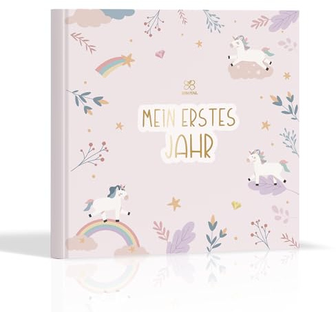 BIROYAL Mein Erstes Jahr Babyalbum, Fotoalbum Baby mit Goldprägung, Einhorn | 21x21cm Format, 95 Seiten 120g Papier, 25+ Fotoplätze, Klare 0-1 Jahre Unterteilung, allen Meilensteinen, Geburtsgeschenk