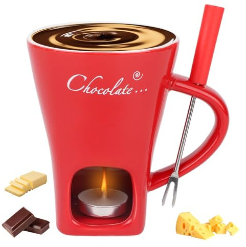 Juego Tazas para Fondue de Chocolate, Cerámica Mini Olla Fondue con Tenedor y Calentador de Velas Taza para Derretir Chocolate Ideal Postres Citas San Valentín Cumpleaños y Bodas (Rojo)