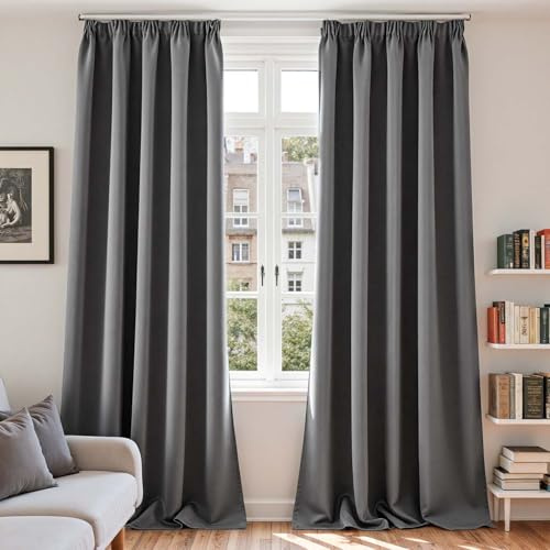 Vangao Gardinen mit Kräuselband Blickdicht H245xB140cm 2er Set, Dunkelgrau | Gardinen Wohnzimmer Schlafzimmer Kinderzimmer Fenster, Vorhänge Verdunkelnd für Schienensystem, Blackout Curtains 245 cm lang