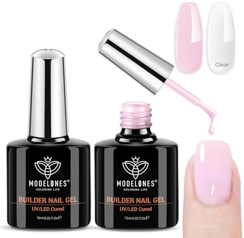 modelones Aufbaugel für Gelnägel, 8 in One Builder Gel, Nagelverstärker UV Gel für Strengthener ExtensionGel Base Nagelverlängerung, Nail Repair Base Coat Nail Art Maniküre Klar Pink 2 Pcs