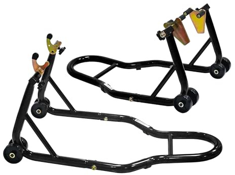 Motorcycle Front & Rear Wheel Lift Stand Combo, 440lbs per stand (880lbs Total) Steel Paddock Stands with Adjustable Fork & Swingarm Spool Heads