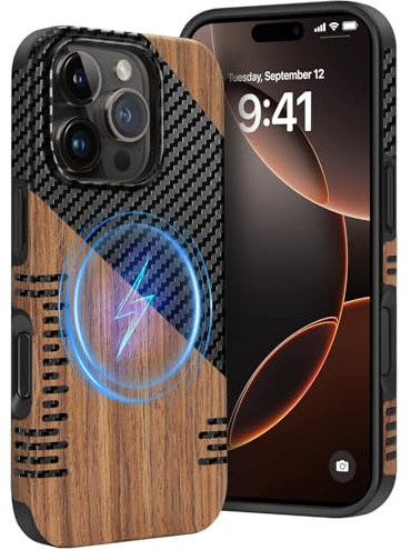 Dolstrap Magnétique Coque iPhone Compatible avec Coque iPhone 16 Pro, (Compatible avec Magsafe), (Bois Naturel & Cuir & Fibre Texture de Carbone) Robuste Mince Case, Noir+Marron