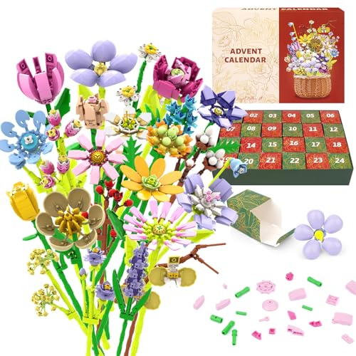 2025 Advent Calendar Flower Bouquet Building Blocks, 24 Day Big Flower Building Set Different Christmas Countdown Gifts for Adult Xmas Home Decor