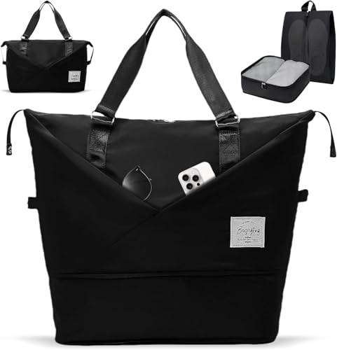 Borsone Palestra Per Donna Uomo Borsa Palestra Grande Impermeabile Borsone da Viaggio Weekend Borsone Sportivo con Scomparto per Scarpe Sacchetto per Yoga Pilates Viaggi Piscina Fitness (Nero)