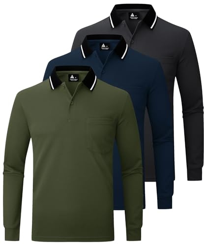 JACKETOWN 3er Pack Poloshirt Herren Langarm Atmungsaktiv Poloshirt Set Knopfkragen Arbeitshemd Golf Polohemd Frühling Herbst Arbeits T Shirt mit Tasche