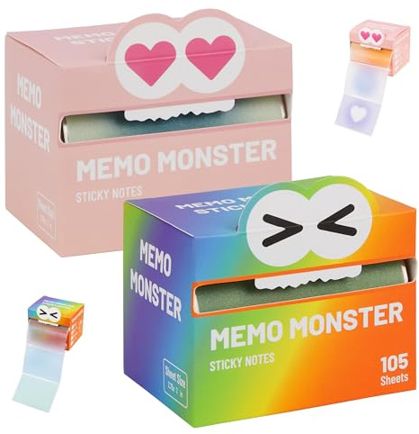 2PCS Monster Sticky Notes – Glittery Semi-Transparent Full-Adhesive Sticker Notes with Cute Monster Box, 105 Sheets for School Supplies, Office Products, Journaling, Scrapbooking & Labels