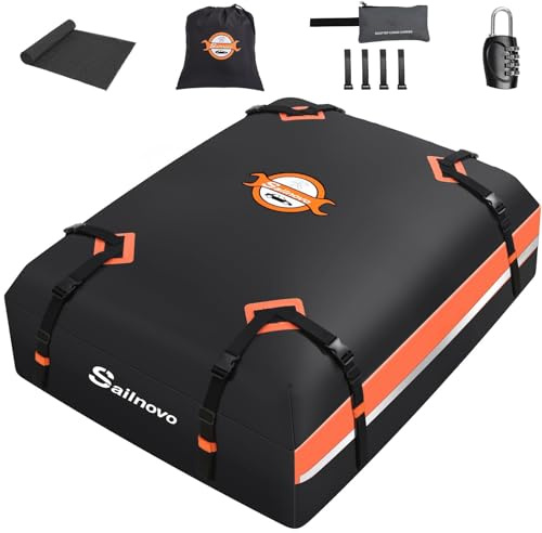 Sailnovo Car Roof Bag Waterproof 15 Cubic Feet/425L,Roof Box 1000D PVC Rooftop Cargo Carrier with Anti-Slip Mat,Combination Lock,Storage Bag,Door Hooks & Strap fit Vehicle with/Without Luggage Rack