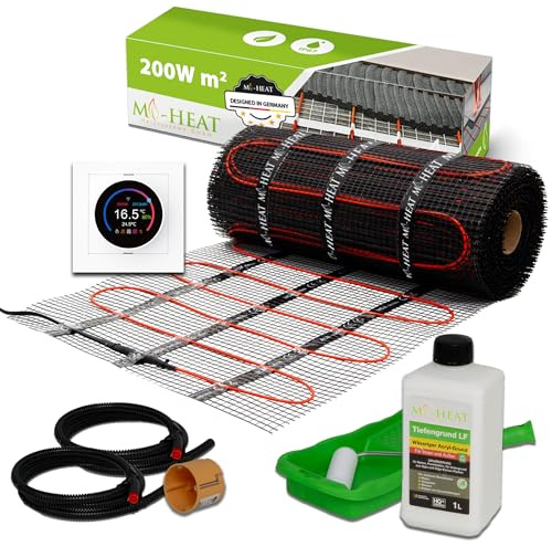 Mi-Heat Chauffage au sol électrique 200W/m² 9,0m² Set - Tapis de chauffage Salle de bain Rénovation – pour carrelage sous colle à carrelage Chauffage électrique - avec thermostat TH11 WiFi blanc