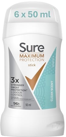 Sure Maximum Protection Clean Scent women's deodorant stick with 3x stronger* sweat protection Anti-Perspirant Cream for 96-hour sweat and odour protection 50 ml - Pack of 6