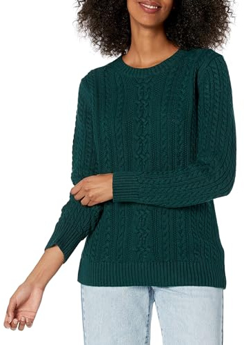 Amazon Essentials Women's Soft Fisherman Cable Knit Long-Sleeve Crewneck Sweater (Available in Plus Size), Deep Green, Large