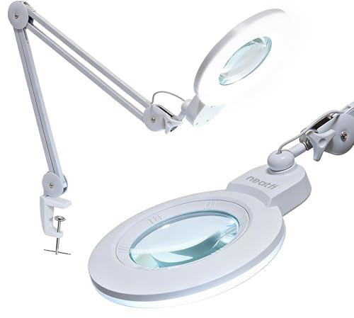 Neatfi XL Bifokale LED-Lupenleuchte, 2,25-fache/6-fache Vergrößerung, 1.600 Lumen dimmbar | freihändiges Arbeiten im Nahbereich | Für Basteln, Schmuckarbeiten & Lesen (Weiß, 18 cm Linse)