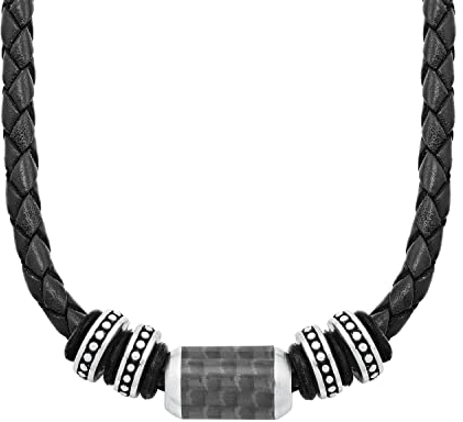 s.Oliver Halsband Edelstahl Carbon/Leder Herren Halsschmuck, 47+3 cm, Schwarz, Kommt in Schmuck Geschenk Box, 2026107