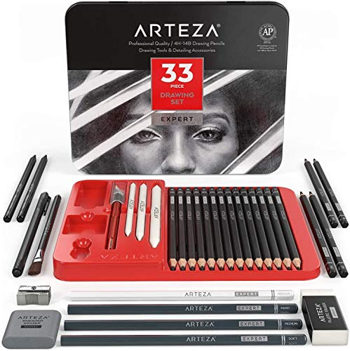 ARTEZA Zeichenset für Erwachsene, Zeichenstifte Set mit 33 Malwerkzeugen, beinhaltet 20 Graphit- und 4 Kohlestifte, 1 Fineliner, 3 Papierwischer, 1 Anspitzer, 3 Radiergummis und 1 Hobbymesser