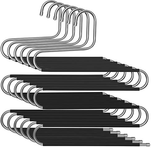 SONGMICS HosenbÜgel platzsparend, 6er Set, Mehrfach-KleiderbÜgel aus Metall, fÜr je 5 Hosen, S-Form, rutschfest, Kleiderschrank, fÜr Hosen, Jeans, Schals, HandtÜcher, silbern-schwarz CRI043B01