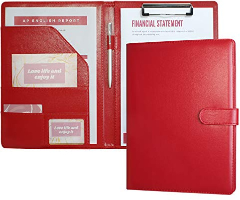 A4 Folder Clipboard Folder Portfolio Conference for Legal Pad, Faux Leather Clipboard Foldover with Cover Writing Work Folio Refillable Organiser Portfolio Clip Board with Pen Holder (Red)