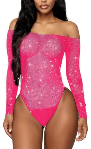 RSLOVE Women's Lingerie Fishnet Bodysuit Sexy Outfits Mesh Bodystocking Pink One Size