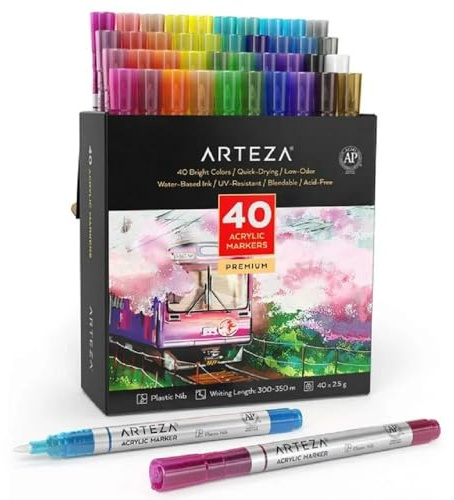 Arteza Acrylic Paint Markers, Set of 40 Acrylic Paint Pens in Assorted Colors, Art & Craft Supplies for Glass, Pottery, Ceramic, Rock, Canvas Painting