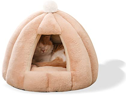 Galatée Katzenhöhlenbett, Waschbares Katzenkissenbett Mit rutschfeste Unterseite, Haustierbett Mit Abnehmbarem Waschbarem Innenkissen, Weiches Und Gemütliches Plüschkatzen-Iglu(S, Khaki)