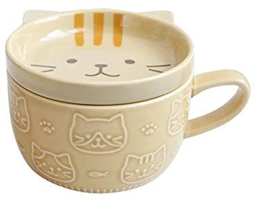 Tasse Keramiktasse Mit Deckel, Cartoon-Katze Kaffeetassen Frühstück Haferflocken Kaffeebecher Coffee Cup, Spülmaschinengeeignete Bruchsicher Für Kaffee Tee Wasser Milch, 400ML (Gelb)