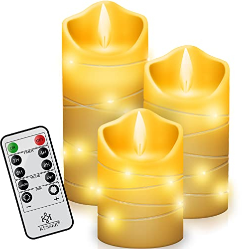 KESSER® LED Kerzen 3er Set Flammenlose Kerze Timerfunktion Timer Echtwachskerze 10cm 12,5cm 15cm Hoch Realistisch Flackernde Flacker-Licht Led-Flammen Echtwachs Deko Traditionell