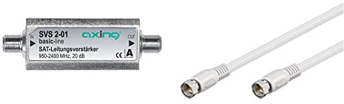 Axing Svs 2-01 - Amplificador De Señal (20Db, 950-2200Mhz), Plateado + Goobay Bkf - Cable Conector De Satélite (Conector F Macho A Conector F Macho, 1.5 M), Blanco