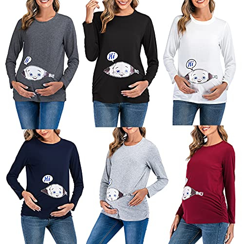 Donna Maglietta Premaman T-Shirt Divertente Neonato T Shirt Maglia Premaman Bimbo Che Esce dalla Zip Manica Lunga Maglia Gravidanza Maniche Lunghe Elegante Camicetta maternità
