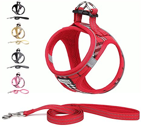 Suredoo Hundegeschirr Kleine Hunde mit Leine, Anti Zug Geschirr Reflektierend Atmungsaktiv Brustgeschirr, Welpengeschirr für Kleine Hunde (Rot Kariert, L, Brust: 40-45cm)