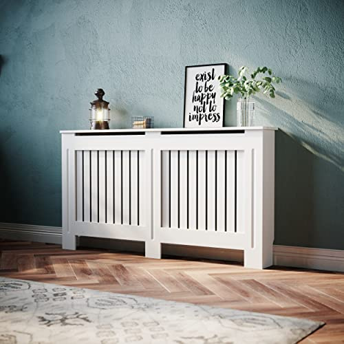 SONNI Heizkörperverkleidung, 152x19x81.5cm, Vertikal Lamell, Lackiert, Weiß | Heizkörperabdeckung, Heizkörperschutz, Schrank Heizkörper Abdeckung für Wohnzimmer, Schlafzimmer, Küche, Modern, Holz