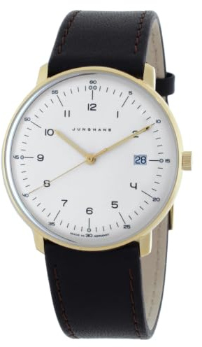 JUNGHANS Herrenuhr max Bill Quarz 41/7872.02 | Goldfarben mit dunkelbraunem Lederband