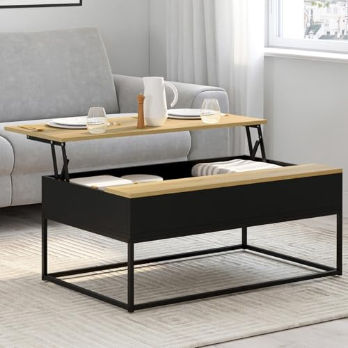 IDMarket - Mesa auxiliar rectangular con tablero extraíble BOSTON 100 cm negro diseño industrial tablero de madera