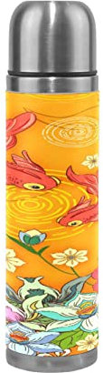 KAAVIYO Reichtümer Fisch Goldfisch Blume Wasserflasche Wasserkanne Edelstahl Isolierte Isolierflasche Auslaufsicher Leder Verpackung(500 ml)