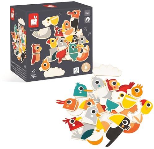 Janod - 24 Mix-and-Match Vogel-Magnete - Spielzeug aus FSC-Holz - Magnetisches Lernspiel - Zubehör für Magnettafel - Ab 24 Monaten, J09643