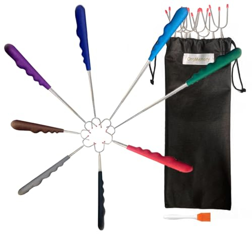 Grillspieße, 8 Stück,30-115cm, OrgMemory Grillspieße Teleskop, Grillspiess Edelstahl perfekt für Picknick Camping Campfire BBQ Camping Hot Dog Gemüse(Farbe)