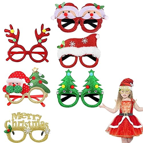 Bukezudang Weihnachtsbrillen, 6 Stück Weihnachtsbrille, Weihnachten Brille Rahmen, NeuheitWeihnachtsbrille, Glitzer Partybrillen Weihnachtsdekoration für Kinder und Erwachsene, 6 Stück