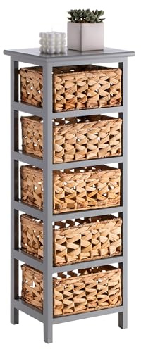 IDIMEX Kommode ARBO mit 5 Körben aus Wasserhyazinthe, grau - Paulownia Holz, Beistelltisch mit praktischer Aufbewahrung, Organizer Regal ideal für den Flur und schmale Räume