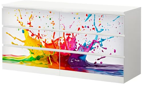 Möbelfolie Farbspritzer passend für Ikea Malm Kommode XL 6 Schubladen DIY | Selbstklebende Schrankfolie für glatte Schubladenfronten Klebefolie Kinderzimmer Schlafzimmer DIY Upcycling XL 6 Schubladen