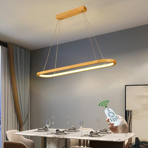 Esszimmerlampe Holz LED Pendelleuchte Esszimmer Esstischlampe Hängend Lampe Dimmbar Hängeleuchte Moderne Oval Hängelampe Höhenverstellbar mit Fernbedienung für Wohnzimmer Küche Schlafzimmer (L90)