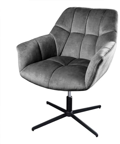 Sessel PAPILLON - 76cm - grau - Samt Metall-Gestell drehbar Armlehne | Ziersteppung, Schaumstoffpolsterung, hoher Komfort, pflegeleicht, langlebig, stabil, Eyecatcher