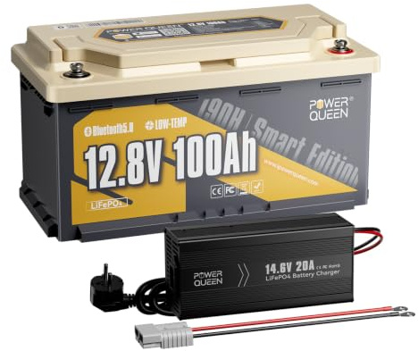 Power Queen 12,8V 100Ah LiFePO4 RV190 Bluetooth Lithium Batterie, mit 14,6V 20A Ladegerät, DIN H8 L5, 1280Wh, 100A BMS, Niedertemperaturschutz – ideal für Camper, Camping und Wohnmobile