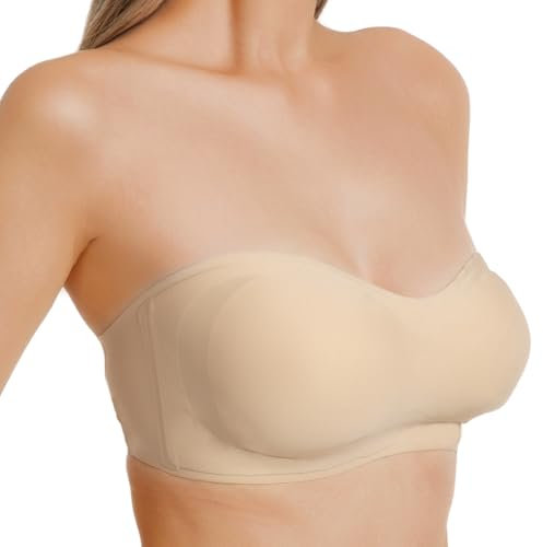 Reggiseno senza spalline, push up imbottito, senza spalline, con fascia in silicone antiscivolo, morbido, senza cuciture, senza ferretto, beige., L
